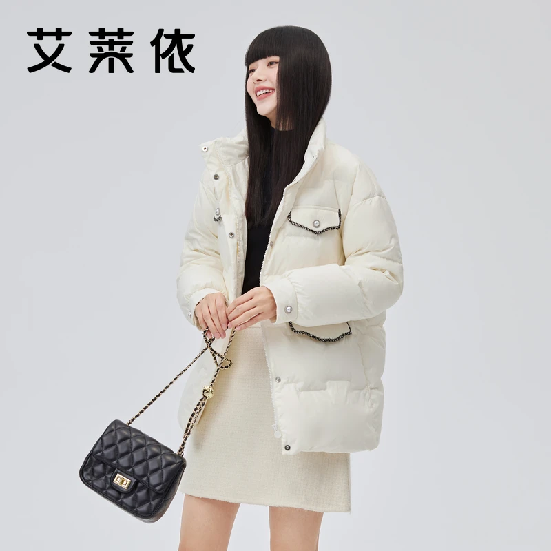艾莱依-时尚廓形短款小香风织带装饰羽绒服女士休闲保暖外套1422