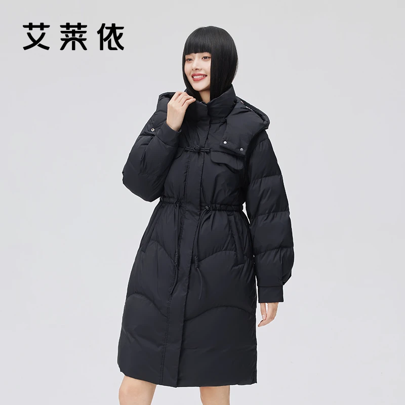 艾莱依新款羽绒服气质优雅时尚连帽冬季保暖中长款时尚外套【1343】