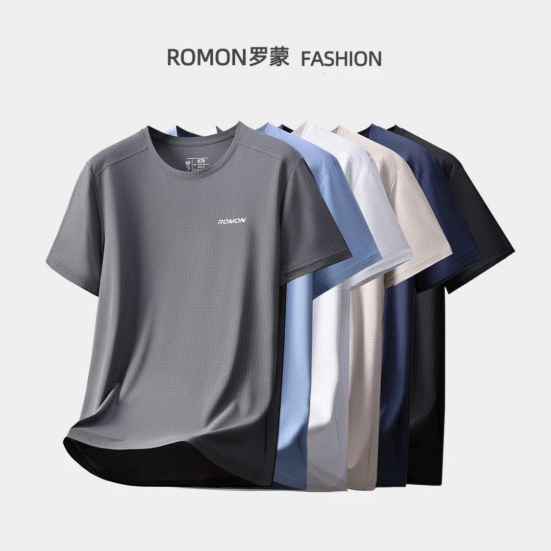 Romon/罗蒙夏季冰丝短袖t恤男士薄款速干中老年圆领宽松爸爸装男