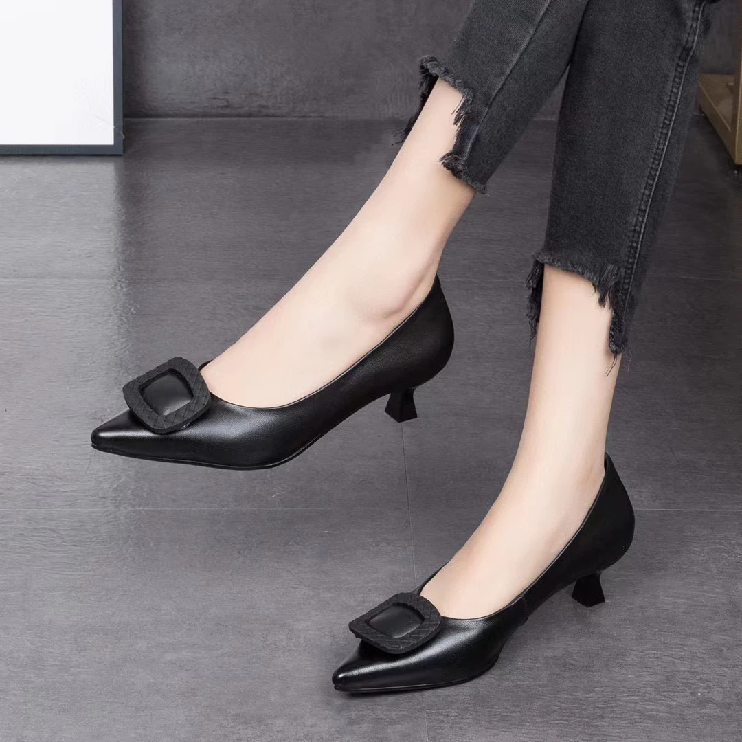 牛皮简约舒适单鞋女2023年春季新款尖头浅口细跟职业工作鞋不磨脚