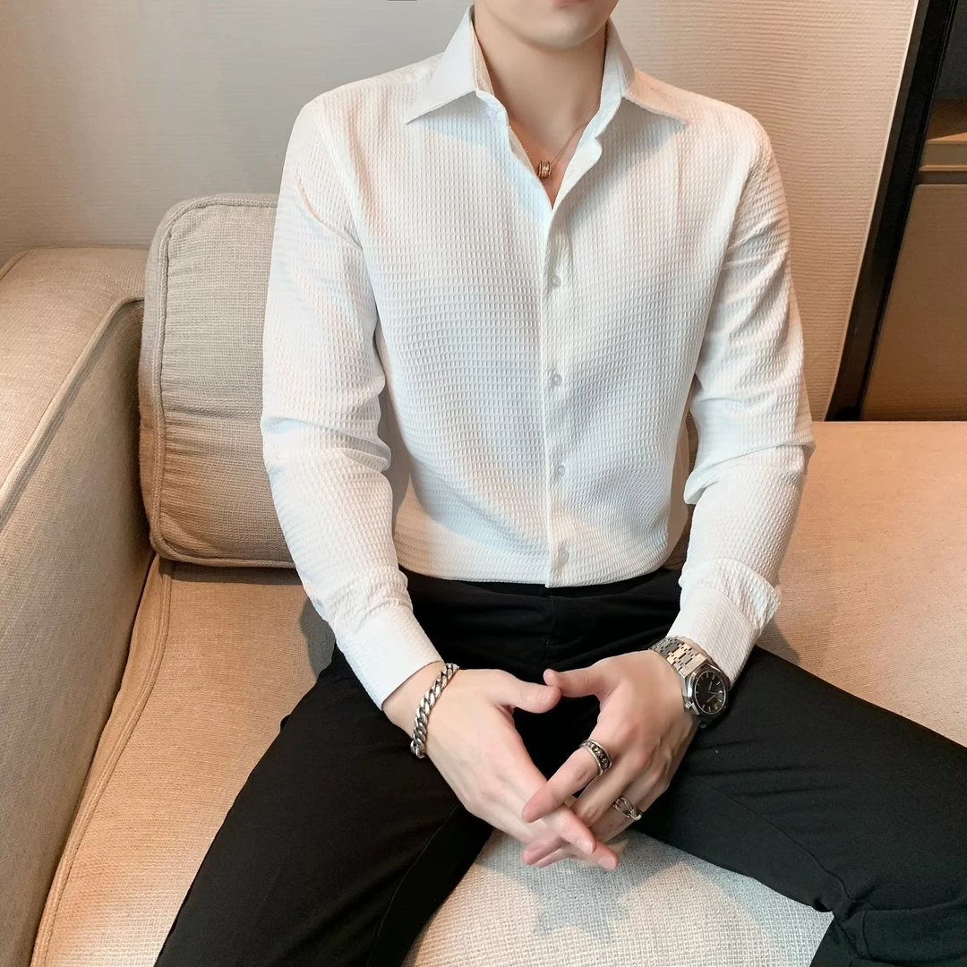 春秋高级感痞帅潮流男士百搭长袖华夫格休闲修身打底衬衫帅气116
