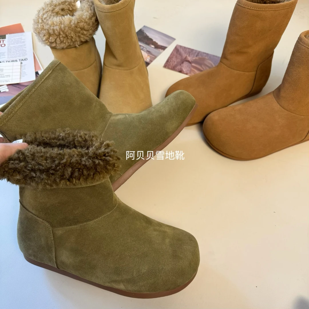 【阿贝贝】超可爱~ 中筒牛皮保暖加绒雪地靴女翻领软底棉靴加厚防滑