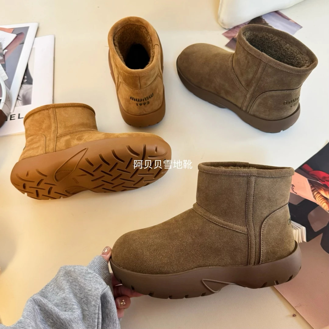 【不打烊】牛皮厚底谬系短筒雪地靴女圆头保暖休闲棉靴加厚防滑百搭