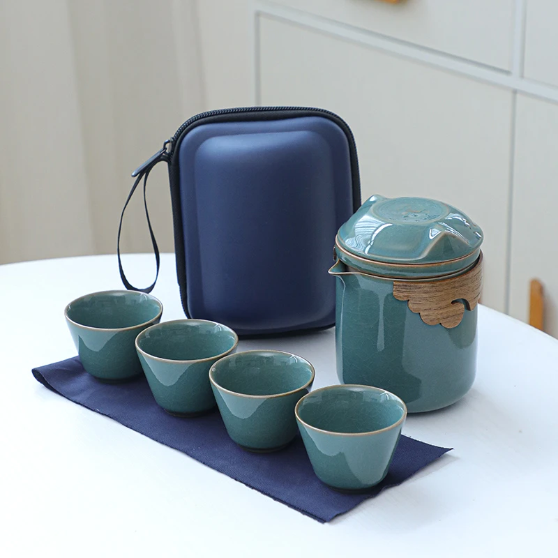 天青哥窑开片可养户外便携旅行茶具套装一壶四杯快客茶杯礼品