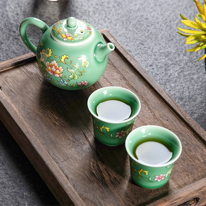 青瓷珐琅彩一壶两杯茶具套装陶瓷家用办公室茶盏茶杯茶壶功夫茶具
