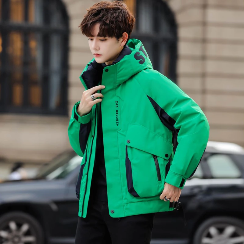 拼色潮流羽绒服男士高端冬季休闲男装2025款百搭连帽工装保暖外套