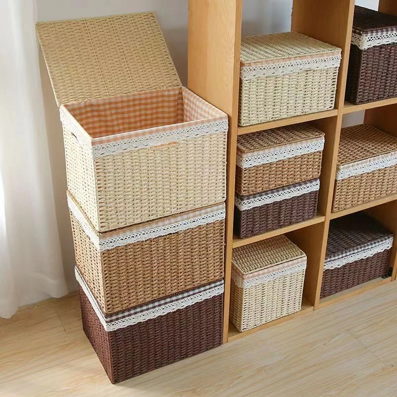 手工编织草编筐带盖草编收纳筐客厅家用仿藤编玩具衣服收纳卧室