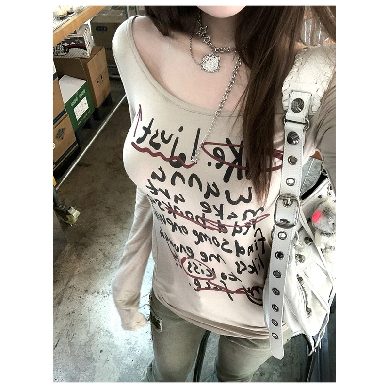 纯欲风薄款上衣女春秋新款大领口设计感辣妹紧身百搭印花长袖T恤