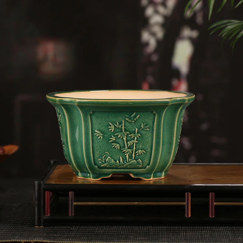 大口径盆景盆复古梅兰竹菊小号多肉老桩专用宜兴釉水紫砂花盆