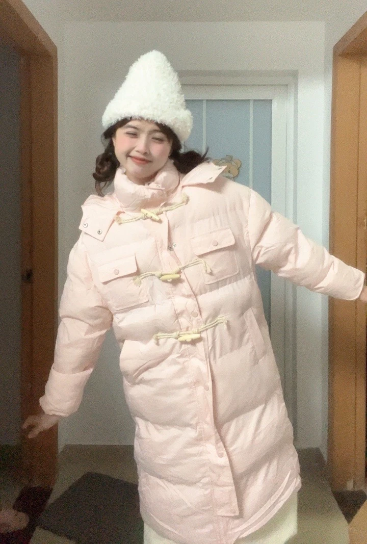 破产姐妹花「粉色棉服」冬季日系牛角扣夹棉中长款棉服
