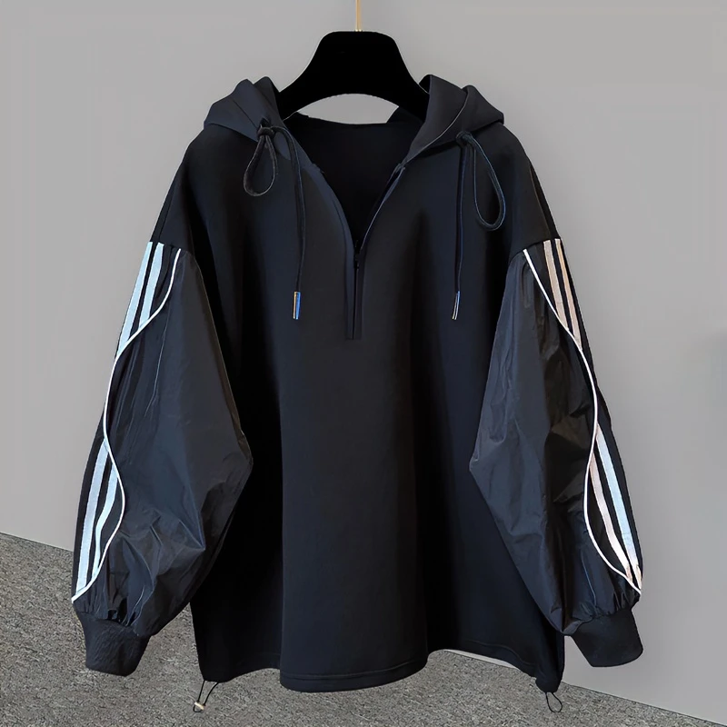 条纹拼接潮牌连帽卫衣男秋季韩版潮流宽松百搭半拉链套头长袖外套