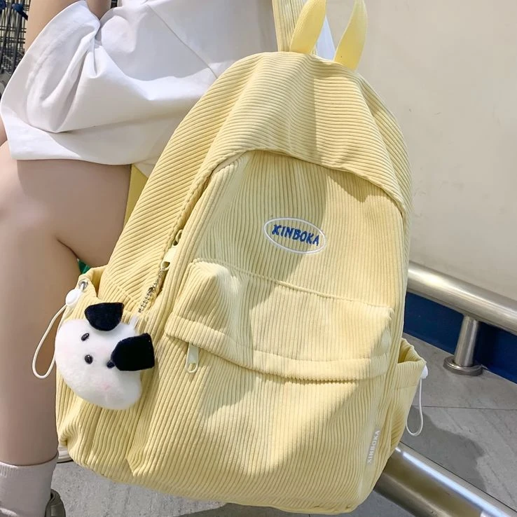 灯芯绒书包女日系ins学院初中生可爱百搭双肩包简约软妹少女背包