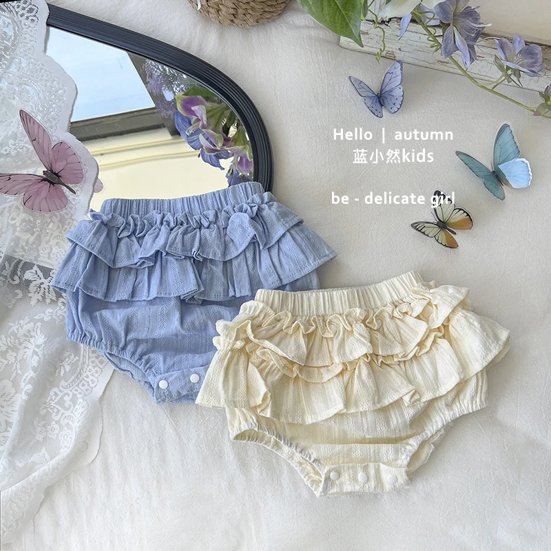 K24X108女童裤子夏季宝宝百搭休闲宽松纯色花边包屁短裤薄款外穿