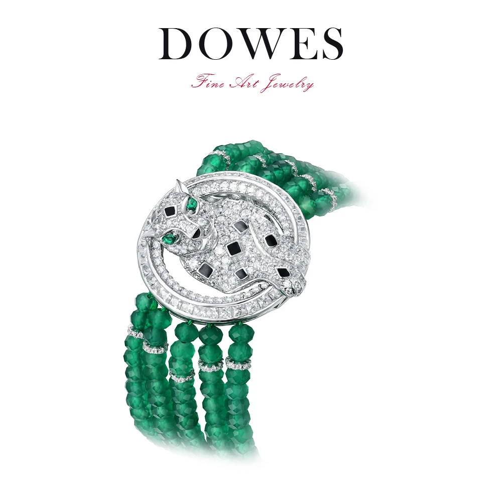 DOWES 925银合成锆石手链 国风满绿豹子头手链