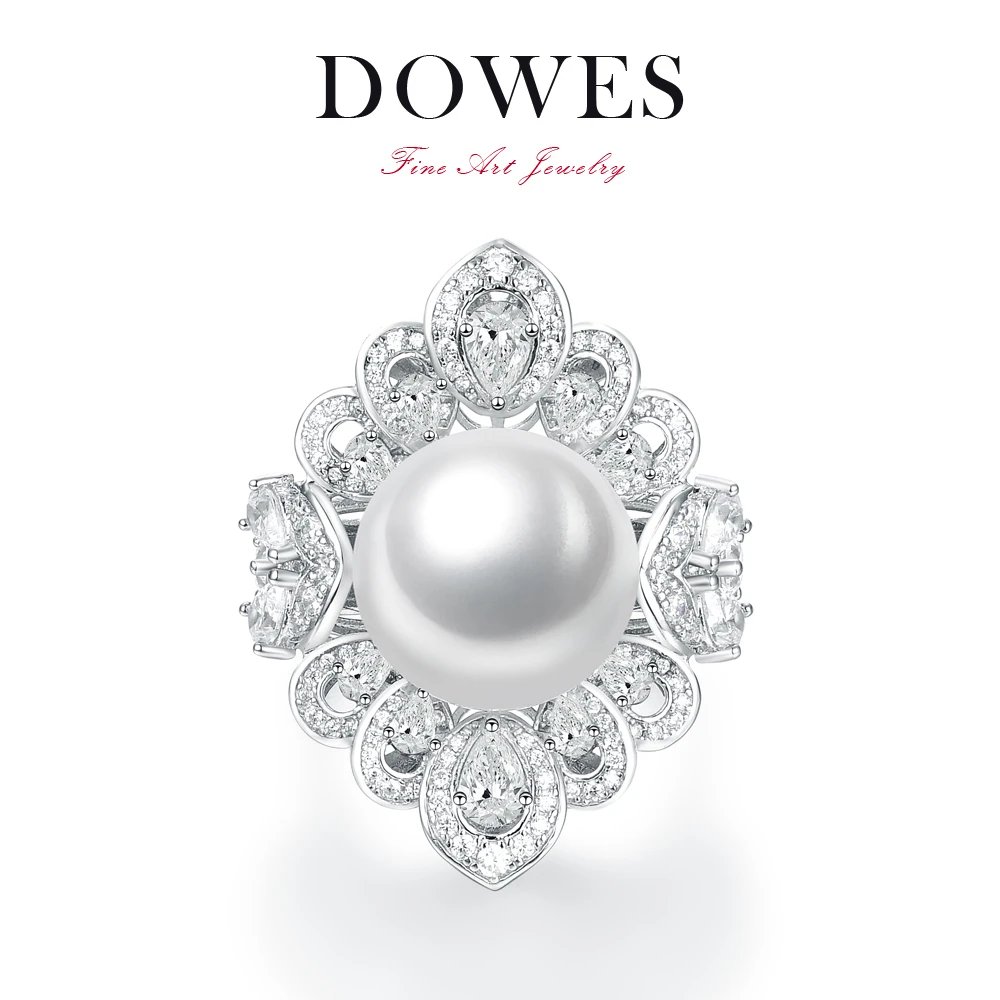 DOWES 925银仿珍珠戒指 14mm简约豪华镶嵌繁花冷光澳白戒指