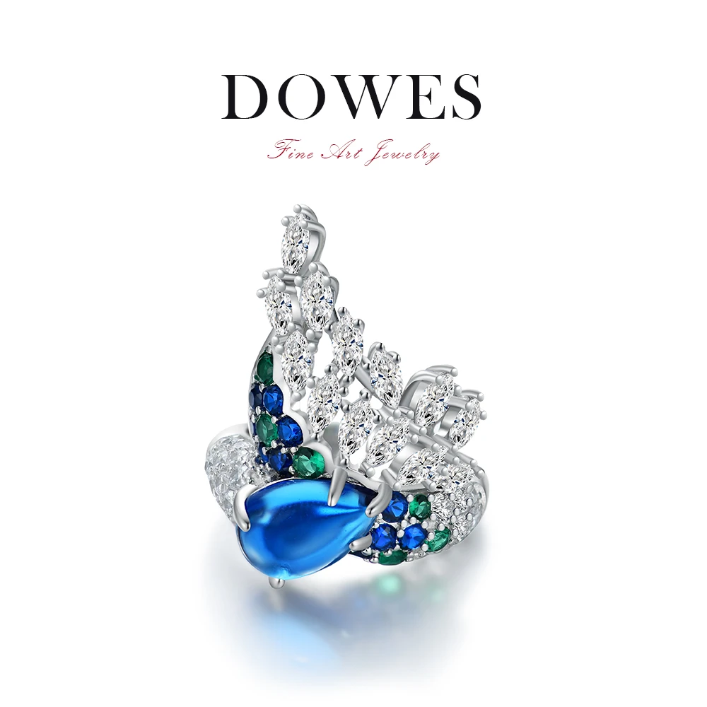 DOWES 925银合成锆石戒指 天使之翼孔雀蓝气质时尚银戒镶嵌指环