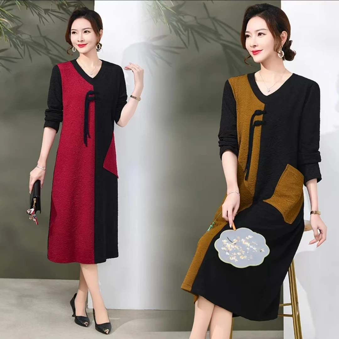 2024新款秋季新中式国风版过膝宽松遮肉显瘦时尚减龄妈妈装连衣裙
