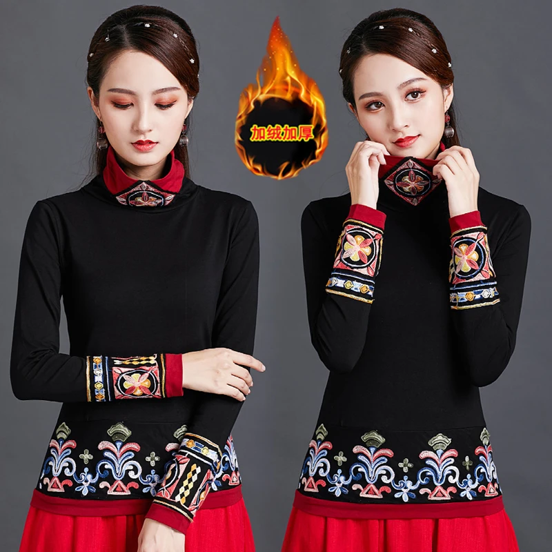 民族风女装秋冬新款中国风复古刺绣花长袖t恤女加绒加厚高领上衣
