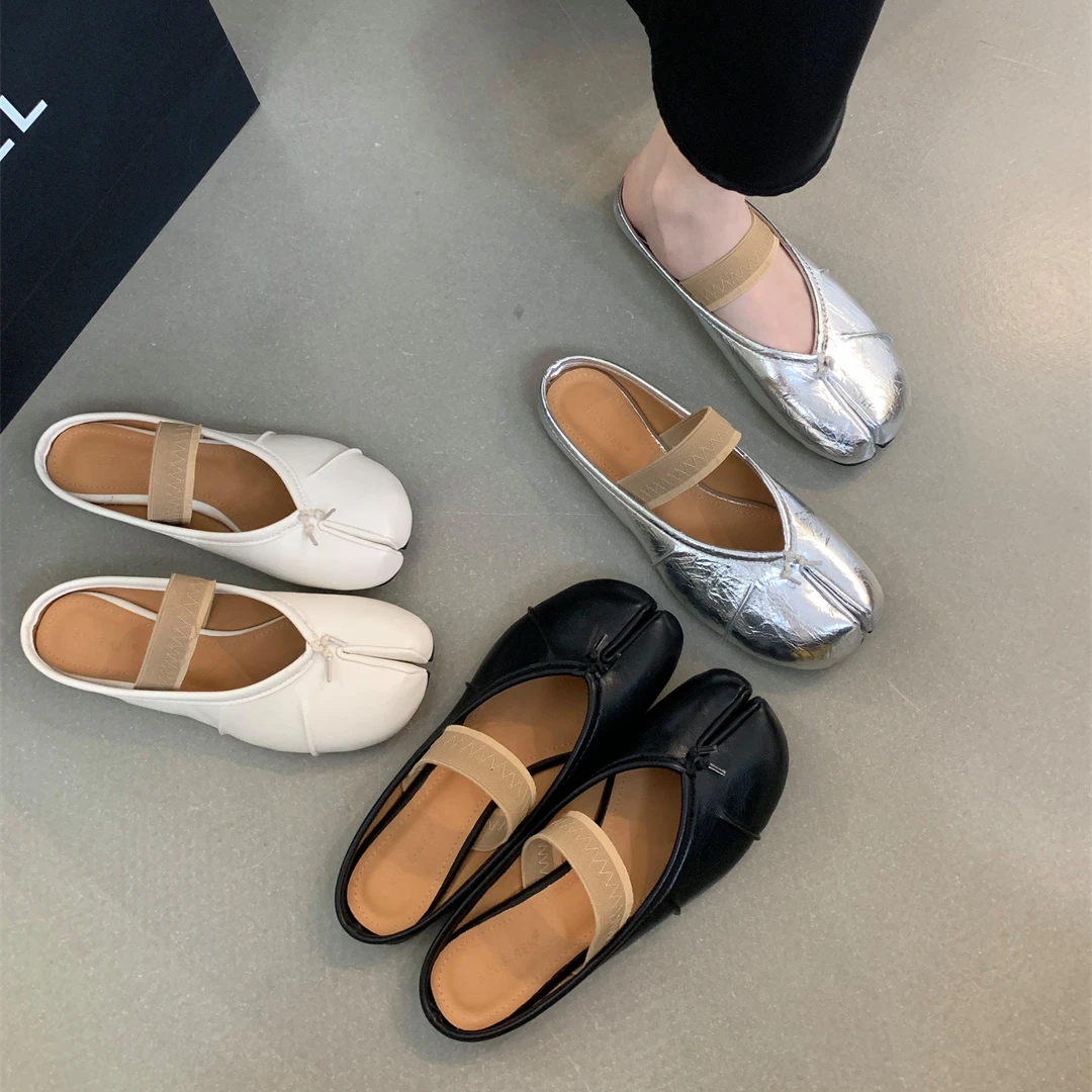 原创爆款银色分趾猪蹄鞋2024夏季网红休闲平底包头春夏通勤女单鞋