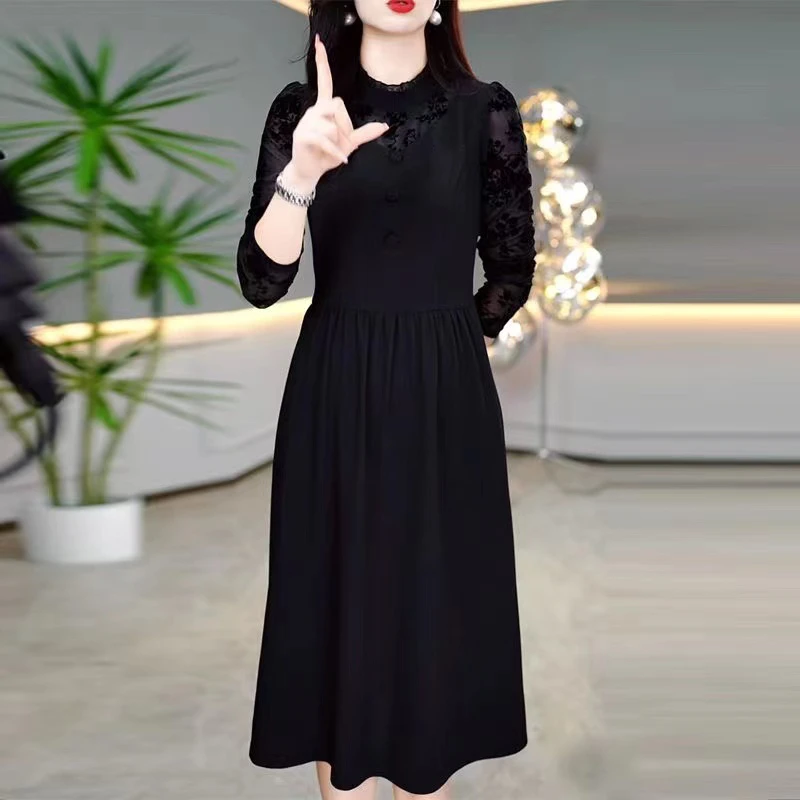 L708时尚复古法式长袖连衣裙收腰遮字气质显瘦中长款大码法式