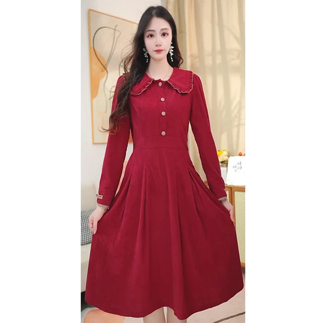 L737时尚酒红色赫本风连衣裙收腰法式遮字气质显瘦中长款长袖大码