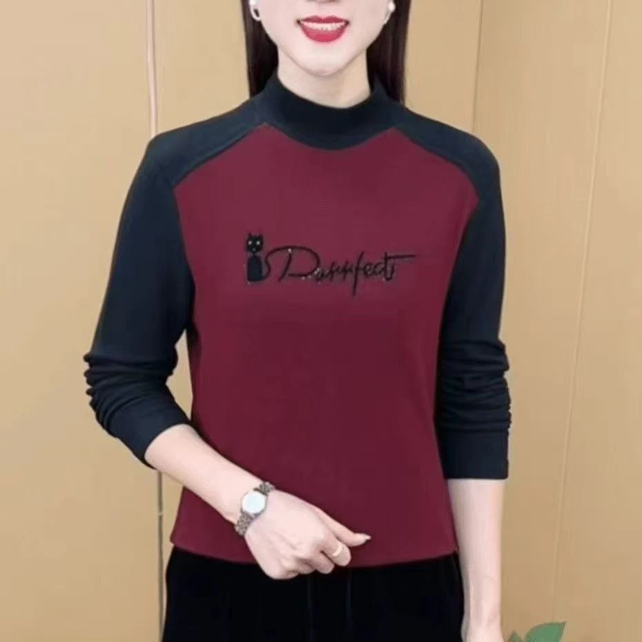 2024秋冬新款双面德绒半高领时尚拼接印花精致气质显瘦长袖T恤女