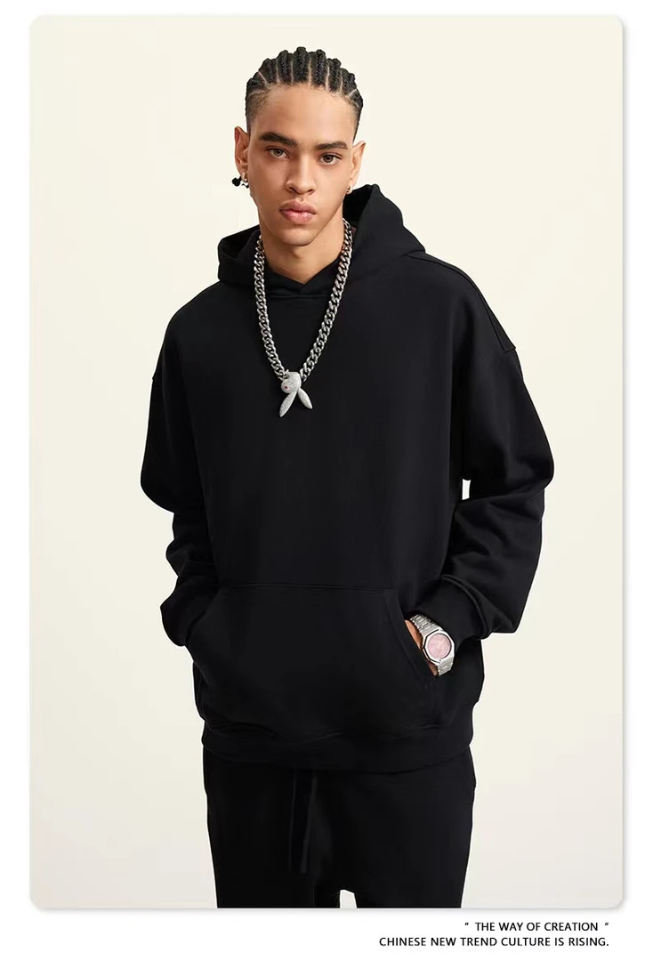 美式复古重磅440g毛圈纯色连帽卫衣男宽松休闲基础情侣外套帽衫潮