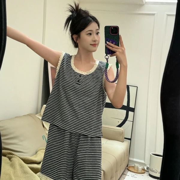 VINEEMAN【韩系背心】圆领细条显韩系瘦纹春夏新款女睡衣家居服套装