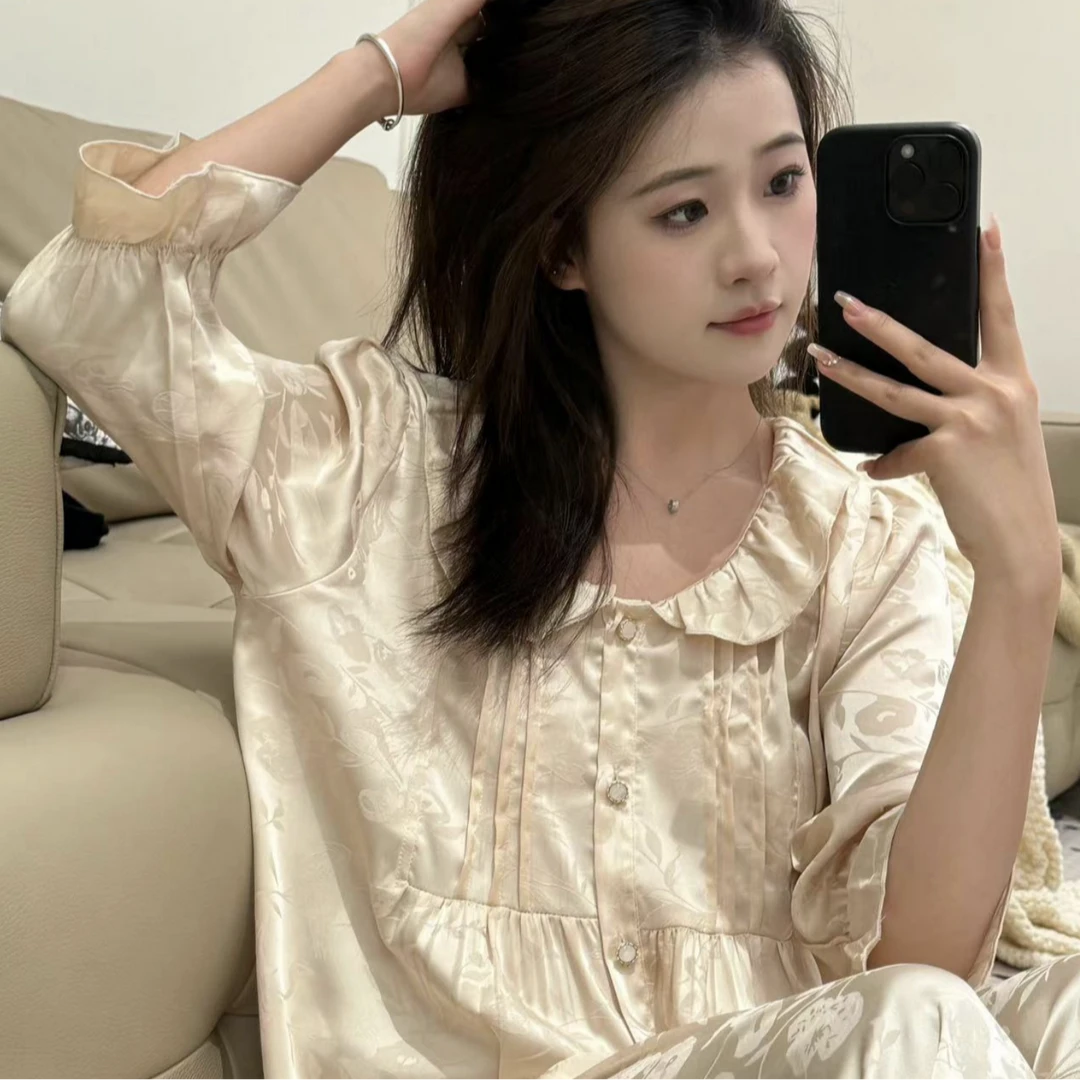 VINEEMAN芭蕾法式睡衣女套装新款纯色长袖提花家居服冰丝可外