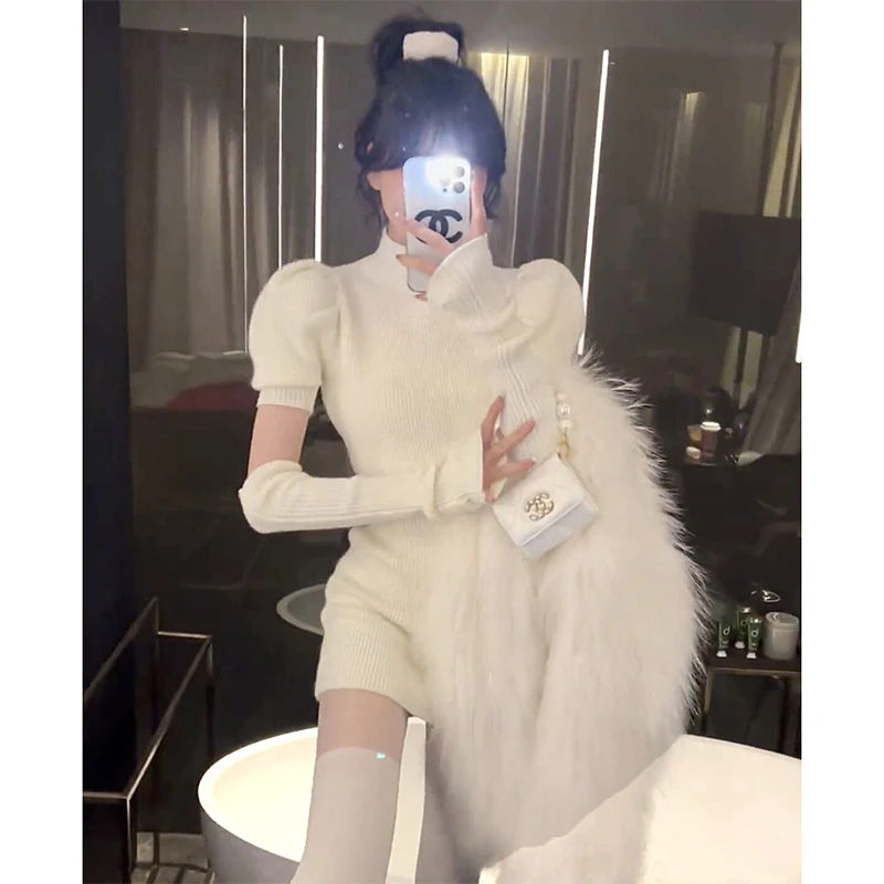 针织连衣裙女秋冬季2023新款设计感小众泡泡袖半高领毛衣打底裙子