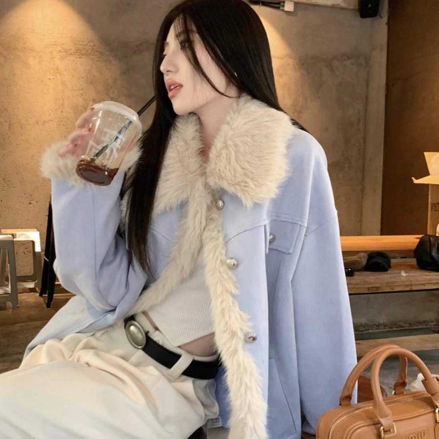 现货！2023秋冬翻领宽松毛毛拼接夹棉外套女时髦小众百搭保暖棉袄