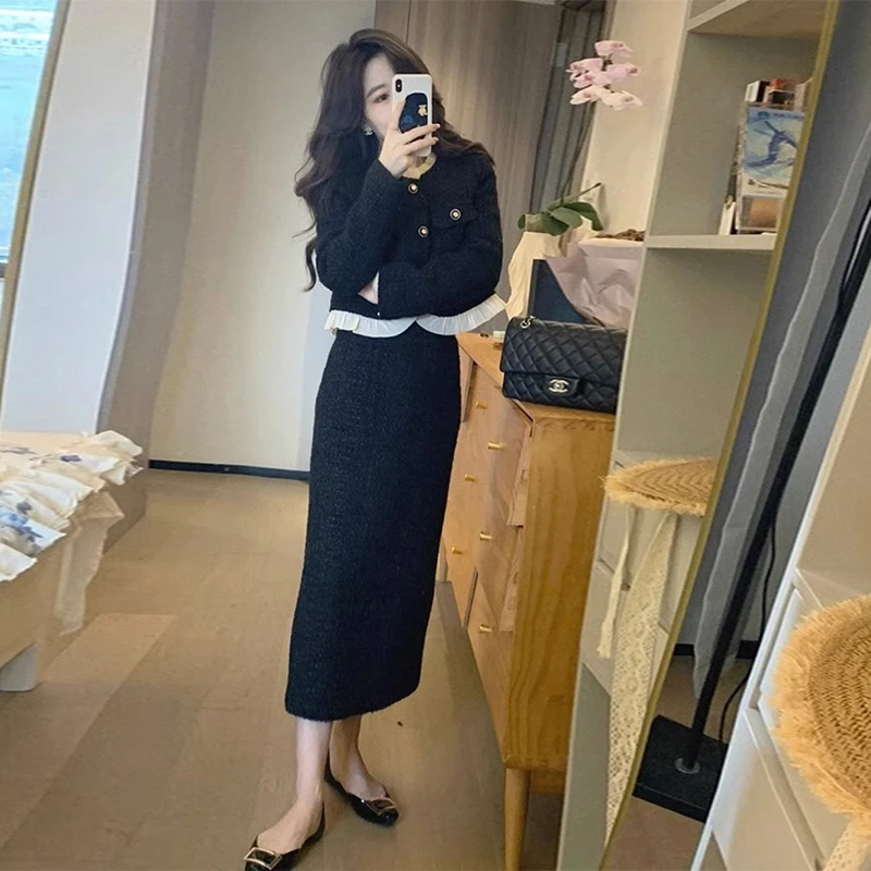 韩系时尚秋冬复古风女装高级感冷淡黑色连衣裙小香风套装裙两件套