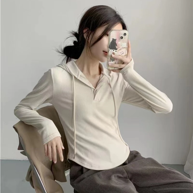 连帽长袖时尚显瘦打底针织纯色2024春秋百搭上衣休闲韩版纽扣卫衣