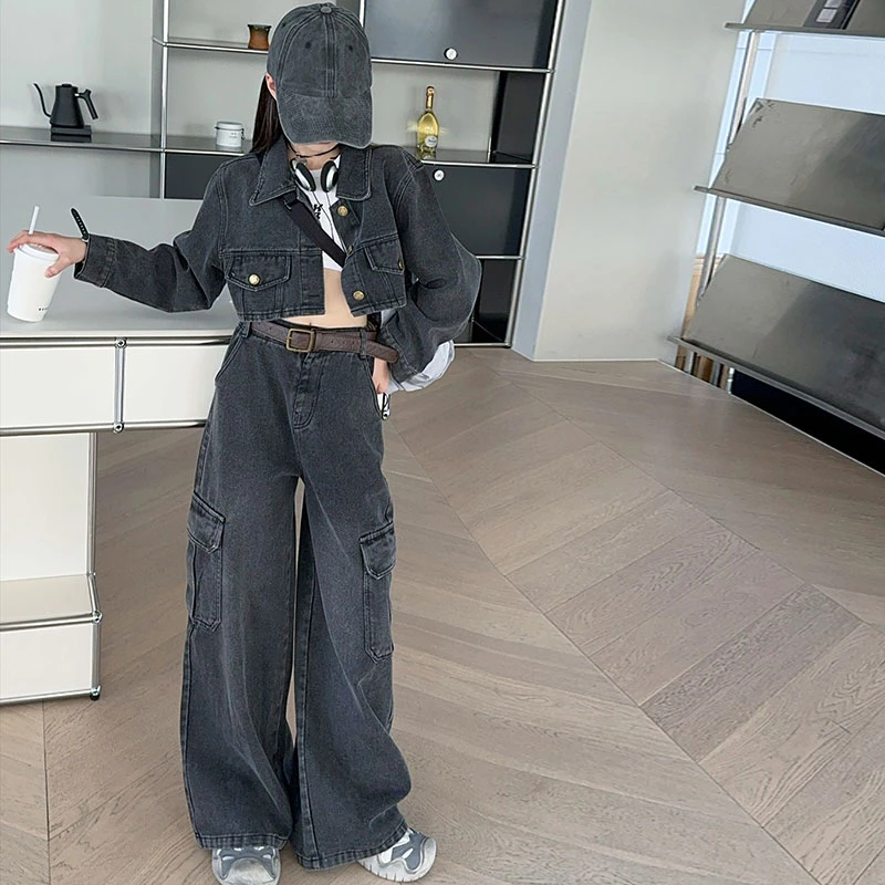 女童春秋牛仔套装2024新款童装长裤外套两件拖地裤子女孩洋气高腰