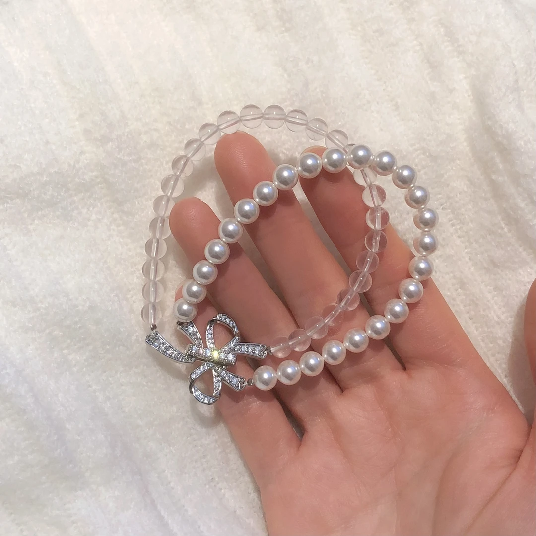 SG1342-［锆石蝴蝶结双层］粉水晶锆石施华洛珠珠双层手串