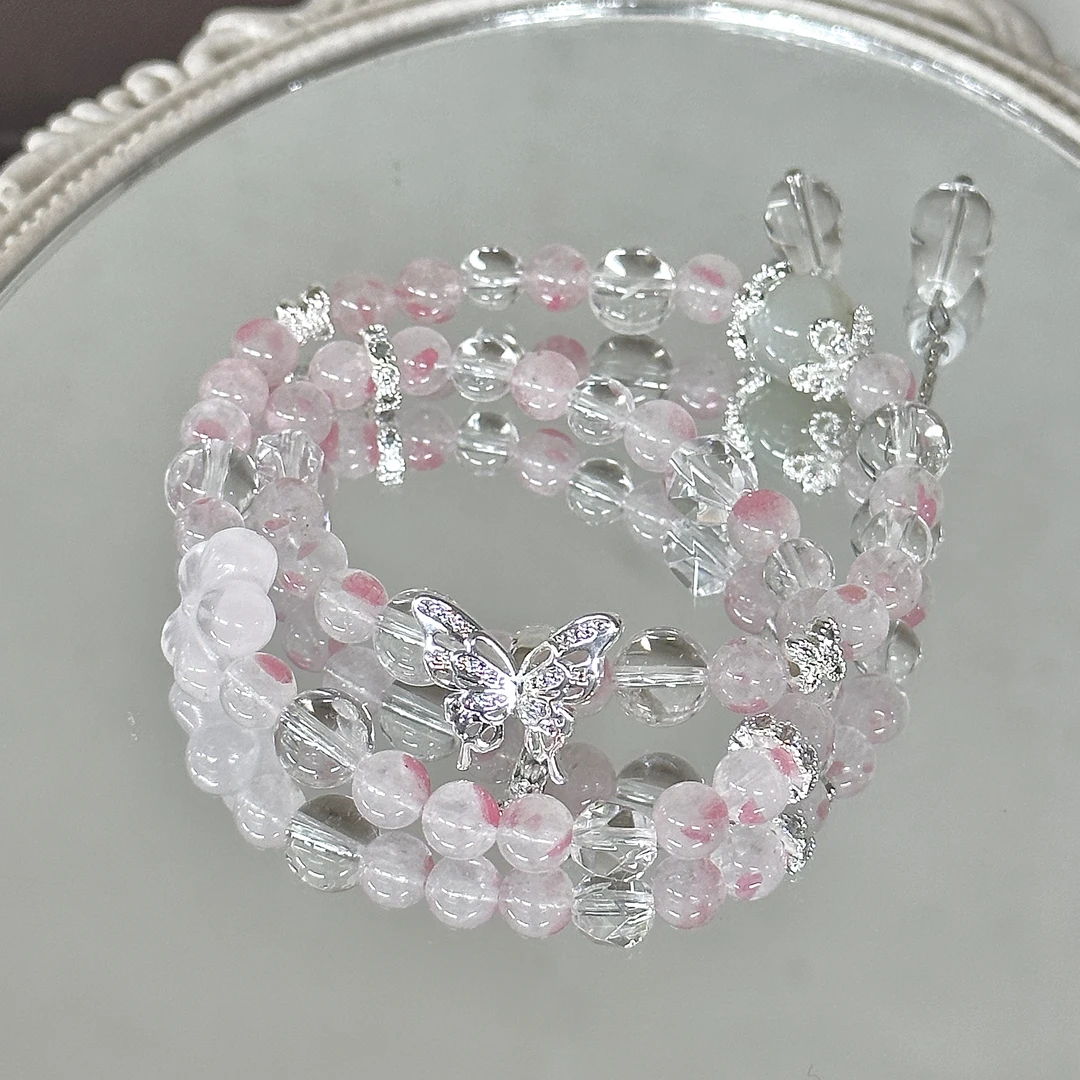 T119-粉水晶蔷薇樱花雨铜镀银蝴蝶双层流苏手串