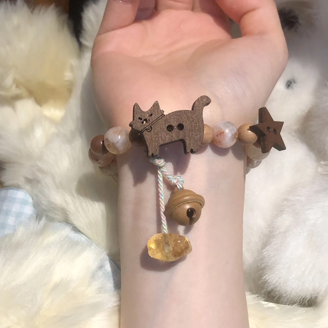SG1164-［蜂蜜奶盖木猫猫］蜂蜜奶盖黄水晶木质可爱卡通情侣手串
