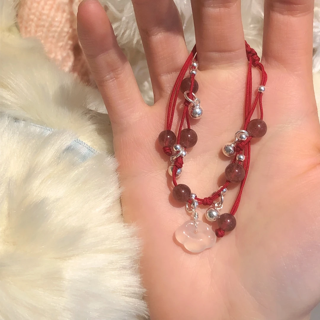 SG1392-［云铃］草莓晶编绳铃铛云锁玉髓玛瑙手串s925多样性发