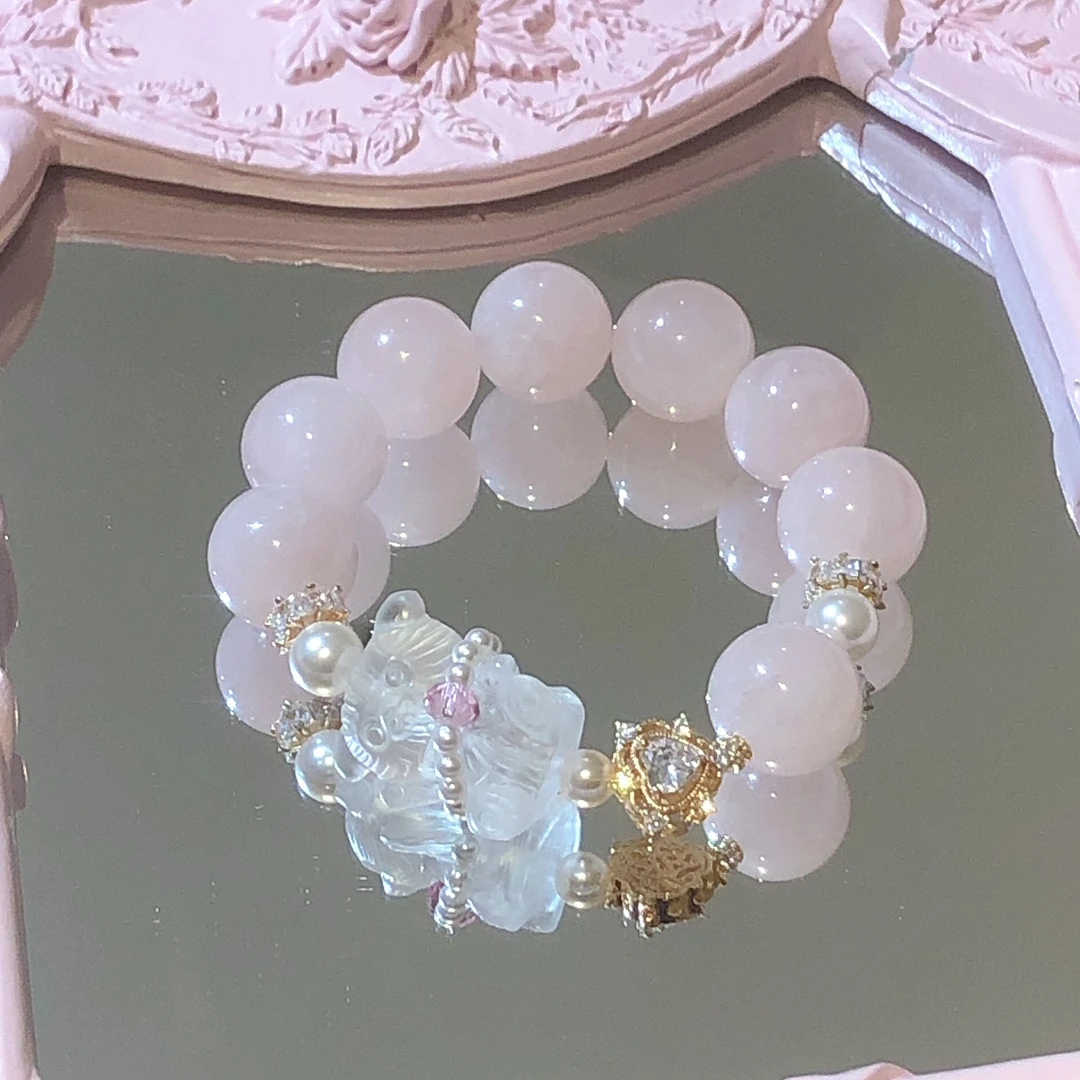 SG1437-［宝石爱心小熊］粉水晶施华洛珠珠锆石合金手串