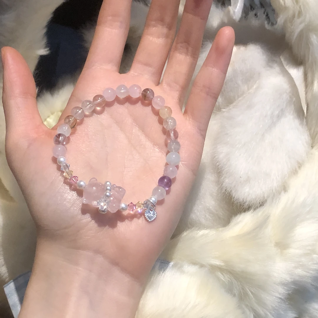 SG1264-［五彩小熊］粉水晶施华洛五行水晶s925手串