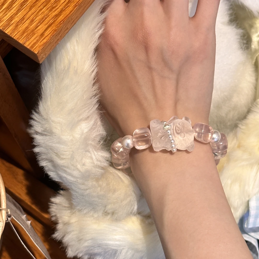 SG861-［果冻冰块小熊仔］粉水晶白水晶华洛珠珠可爱少女心手串