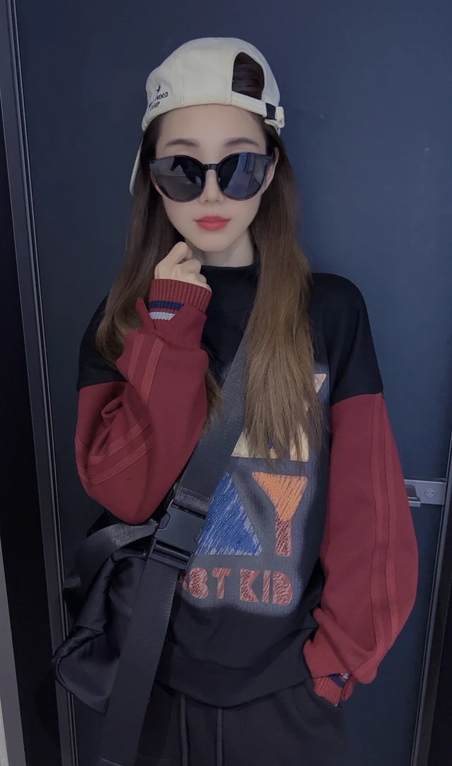 8567加绒秋冬新品长袖卫衣半高领字母刺绣休闲百搭上衣拼色时尚衣