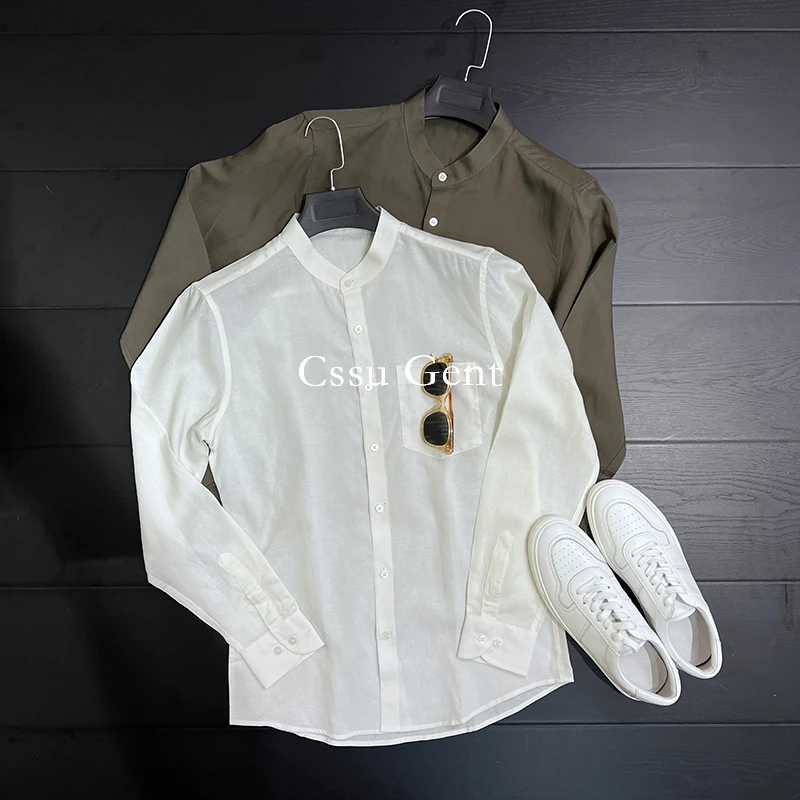 春夏新品立领莱赛尔天丝亚麻立领衬衫男士轻熟商务简约透气衬衣