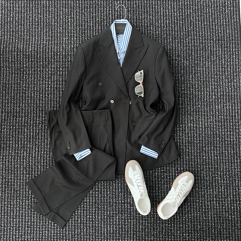 意式那不勒斯双排扣黑色西服套装男士戗驳领双排扣商务正装礼服