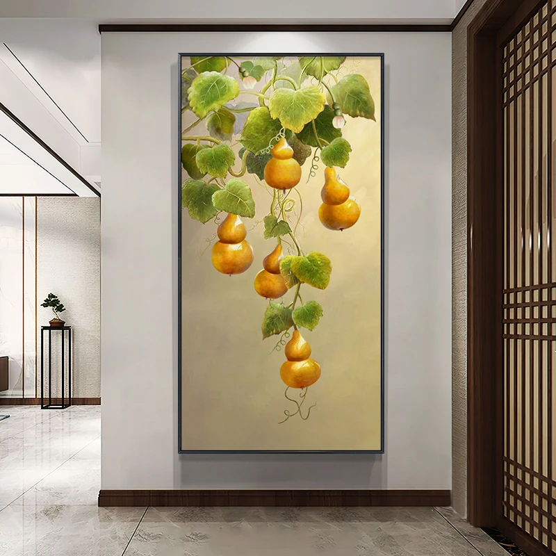 塞菲尔五福临门入户玄关装饰画新中式过道走廊挂画葫芦手绘油画