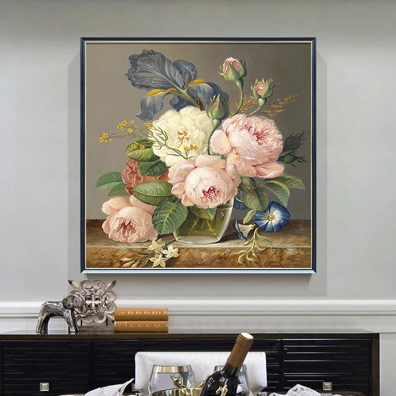 牡丹花卉手绘油画轻奢美式玄关装饰画客厅挂画餐厅卧室花开富贵