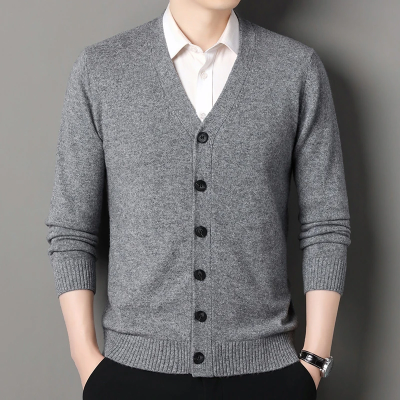 【厂家处理】秋冬羊毛衫加厚款100%纯羊毛男士V领纽扣款毛衣