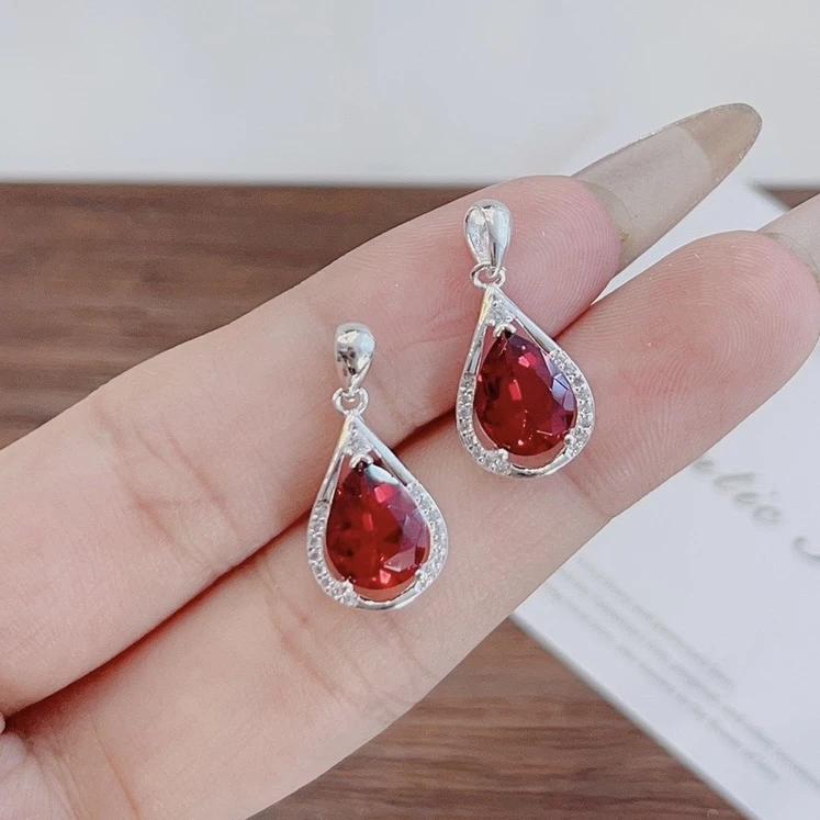 吊坠足银 足银吊坠 红色水滴镶嵌精致气质时尚轻奢百搭