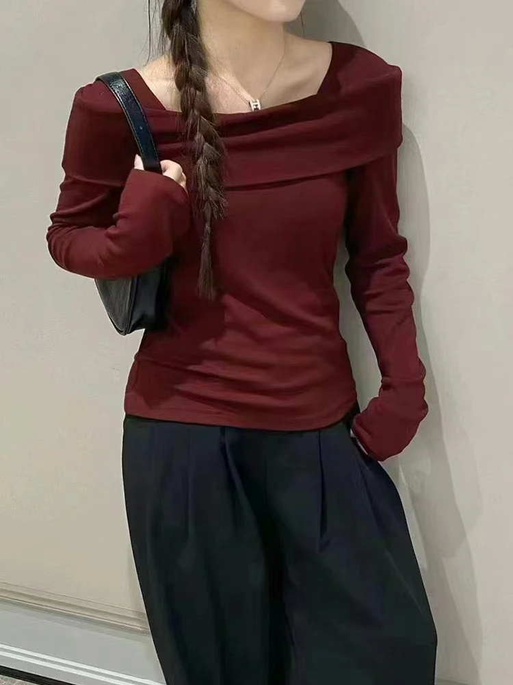 纯色修身一字肩打底衫女秋冬新款短款上衣