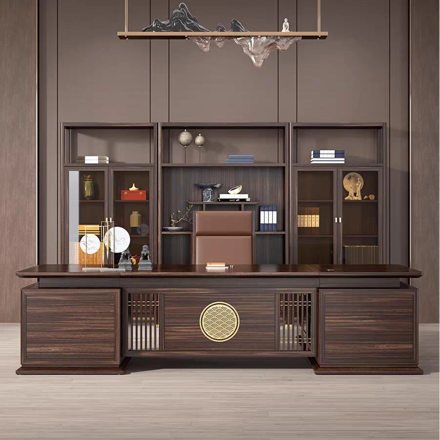 新中式乌金木大班台实木办公桌转角老板桌经理总裁书房书桌书柜